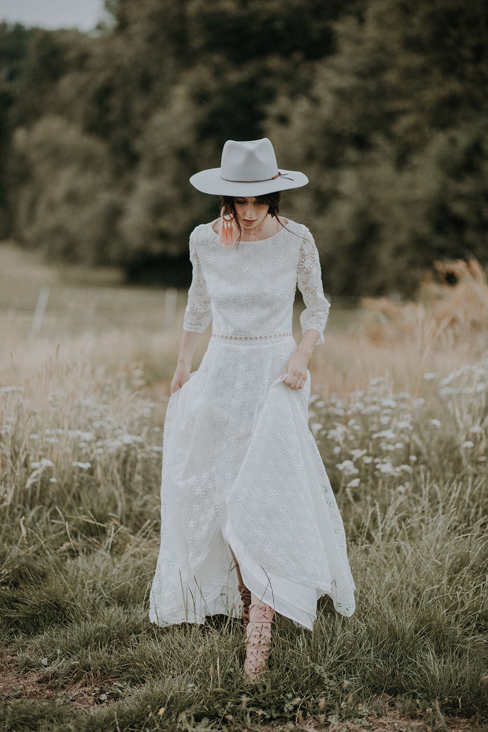 Dress Gown Bride Bridal Crochet Lace Sleeves Open Back Bohemian Woodland Wedding Ideas Lola Rose Photography