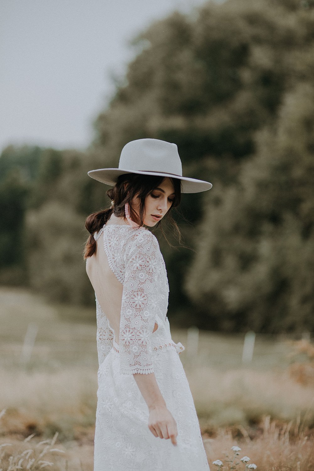 Dress Gown Bride Bridal Crochet Lace Sleeves Open Back Fedora Hat Bohemian Woodland Wedding Ideas Lola Rose Photography