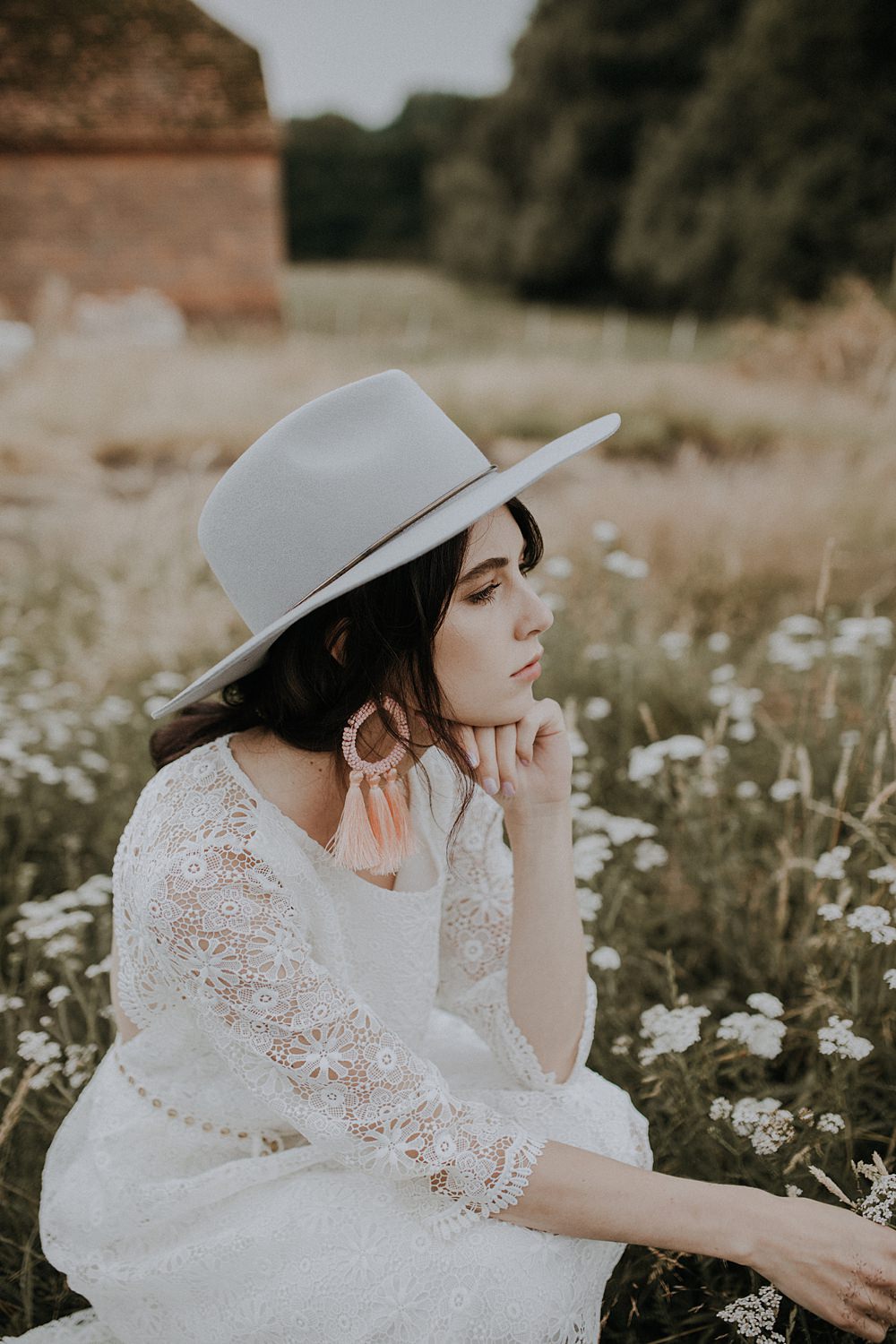 Bride Bridal Fedora Hat Grey Accessory Tassel Earrings Bohemian Woodland Wedding Ideas Lola Rose Photography