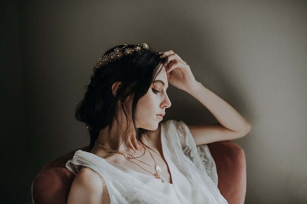 Bride Bridal Accessory Gold Tiara Crown Headpiece Star Floral Bohemian Woodland Wedding Ideas Lola Rose Photography