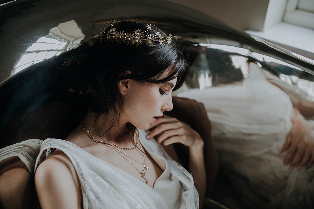 Bride Bridal Accessory Gold Tiara Crown Headpiece Star Floral Bohemian Woodland Wedding Ideas Lola Rose Photography