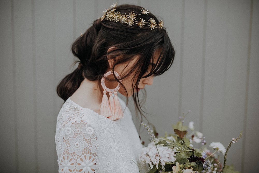 Bride Bridal Accessory Gold Tiara Crown Headpiece Star Floral Tassel Earrings Bohemian Woodland Wedding Ideas Lola Rose Photography
