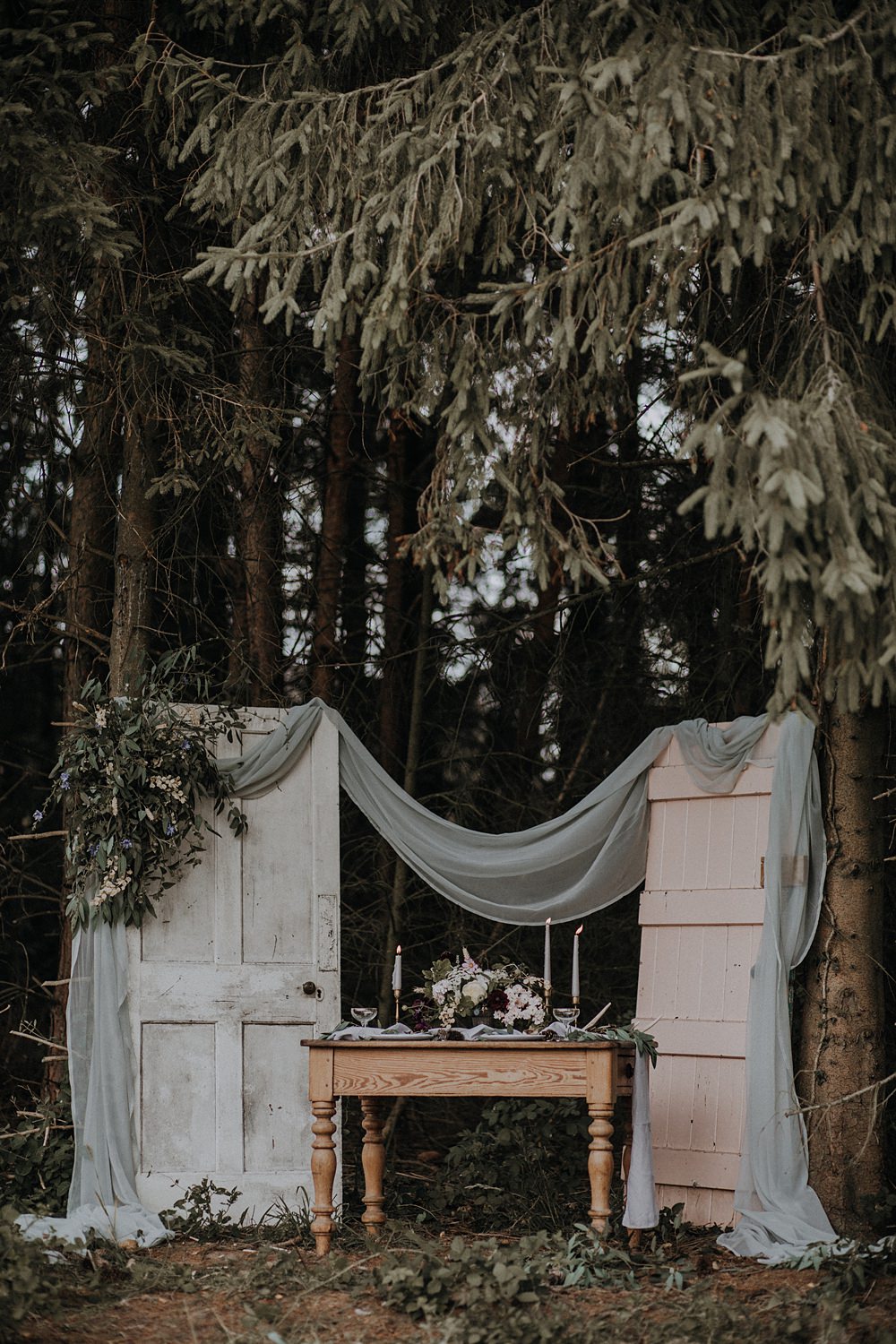 Table Tablescape Outdoors Grey Fabric Greenery Foliage Doors Antique Decor Backdrop Bohemian Woodland Wedding Ideas Lola Rose Photography