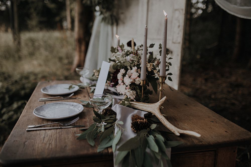 Table Flowers Tablescape Wild Natural Arrangement Candles Antler Greenery Foliage Runner Bohemian Woodland Wedding Ideas Lola Rose Photography