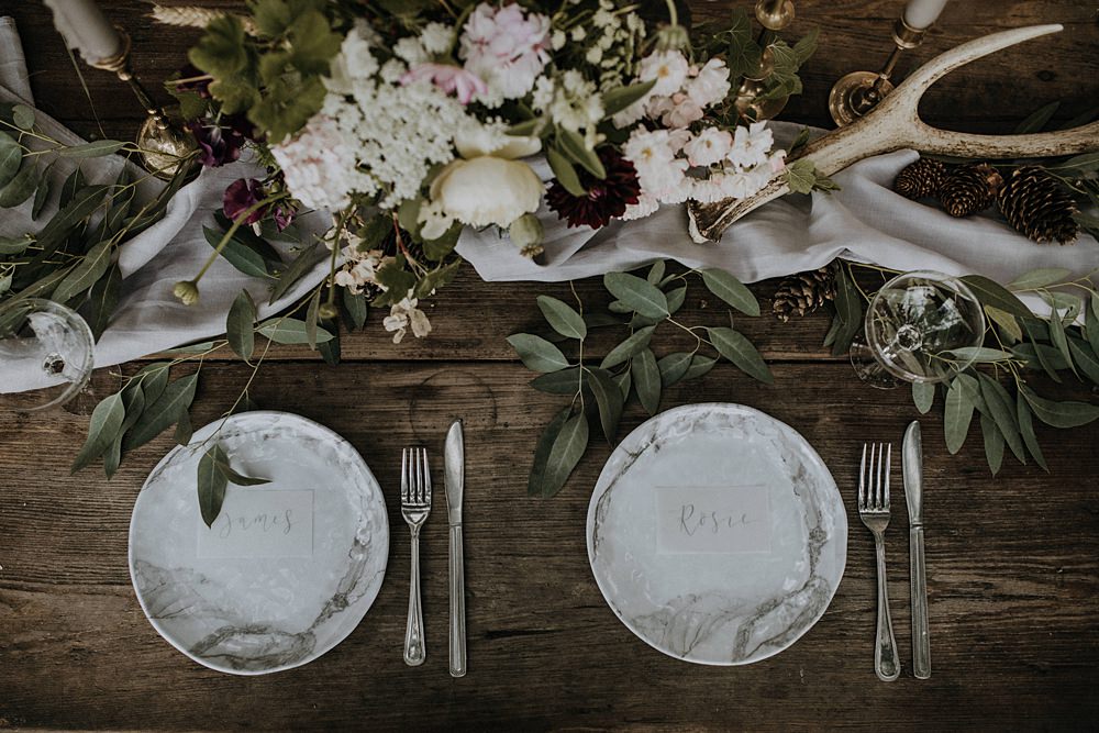 Table Flowers Tablescape Wild Natural Arrangement Antler Place Settings Bohemian Woodland Wedding Ideas Lola Rose Photography
