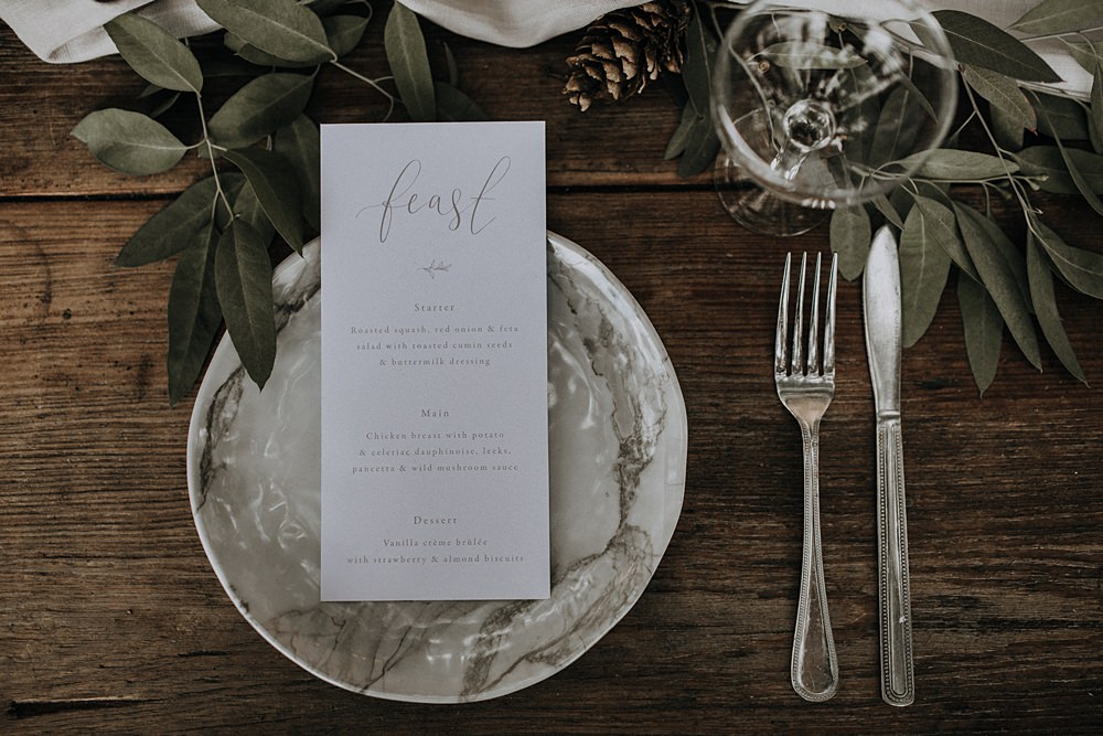 Place Setting Plates Menu Stationery Calligraphy Grey Bohemian Woodland Wedding Ideas Lola Rose Photography