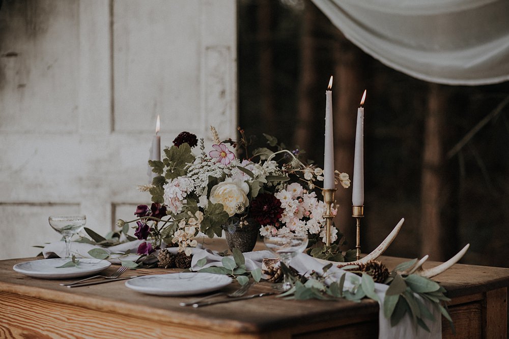 Table Flowers Tablescape Wild Natural Arrangement Candles Bohemian Woodland Wedding Ideas Lola Rose Photography