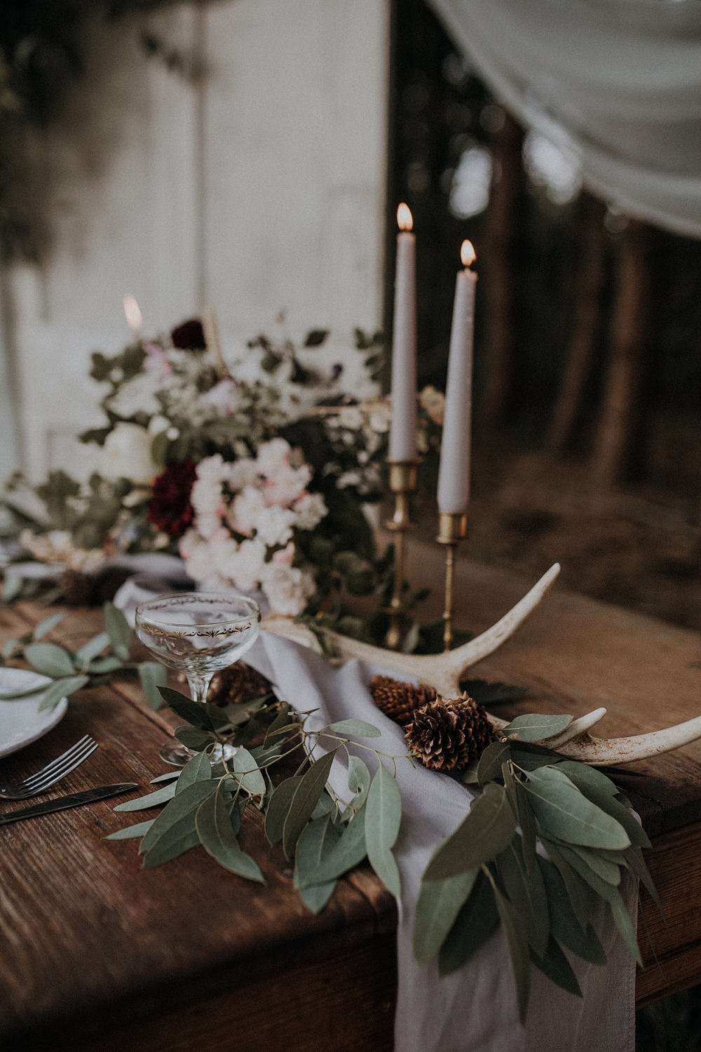 Table Flowers Tablescape Wild Natural Arrangement Antlers Greenery Foliage Runner Bohemian Woodland Wedding Ideas Lola Rose Photography