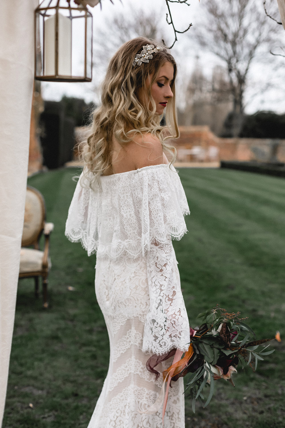 Bride Bridal Dress Gown Bohemian Off Shoulder Bardot Lace Train Sleeves Boho Modern Romance Wedding Ideas Masha Unwerth Photography