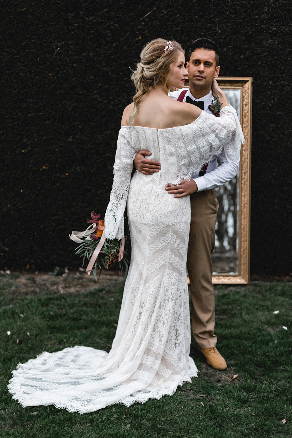 Bride Bridal Dress Gown Bohemian Off Shoulder Bardot Lace Train Sleeves Boho Modern Romance Wedding Ideas Masha Unwerth Photography