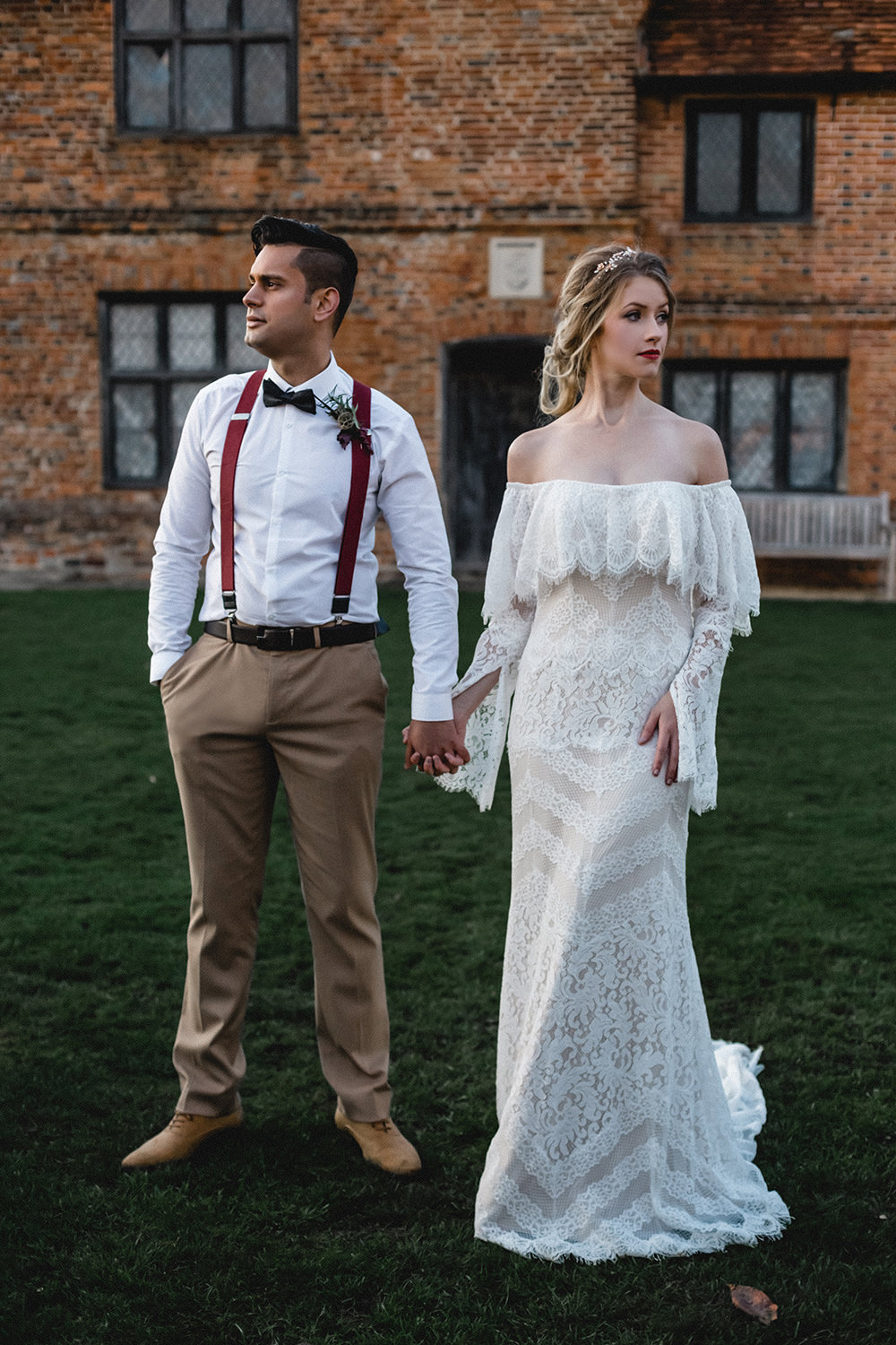 Bride Bridal Dress Gown Bohemian Off Shoulder Bardot Lace Train Sleeves Boho Modern Romance Wedding Ideas Masha Unwerth Photography
