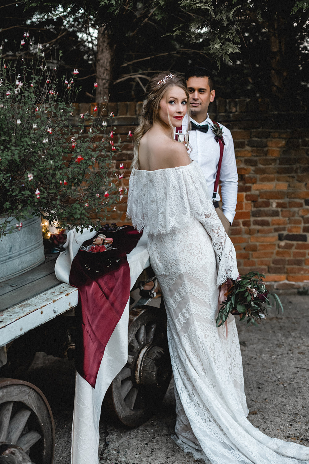 Bride Bridal Dress Gown Bohemian Off Shoulder Bardot Lace Train Sleeves Boho Modern Romance Wedding Ideas Masha Unwerth Photography