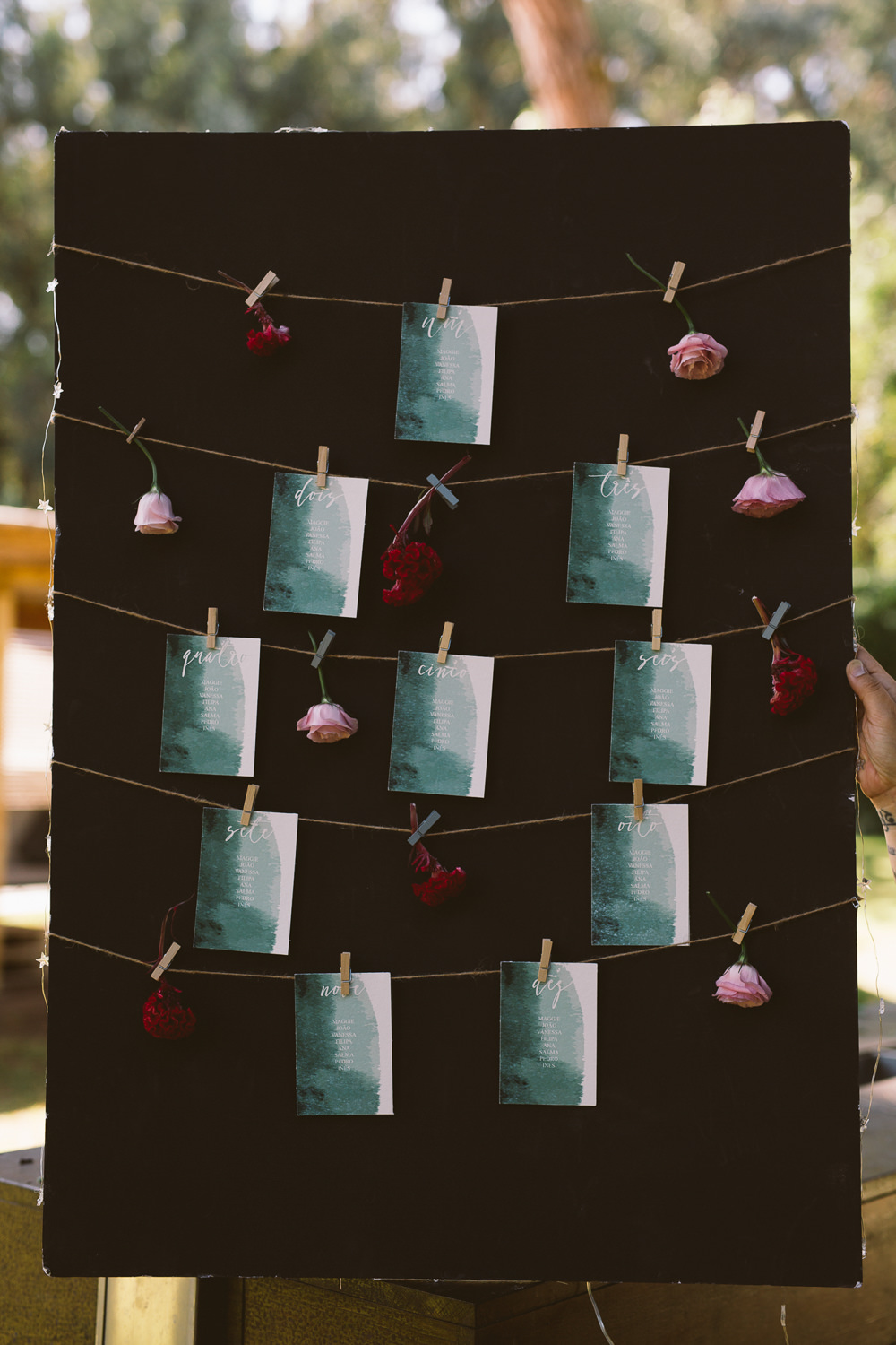 Table Plan Seating Chart Twine Pegs Watercolour Botanical Dark Green Velvet Pampas Grass Wedding Ideas Bárbara Araújo Photography