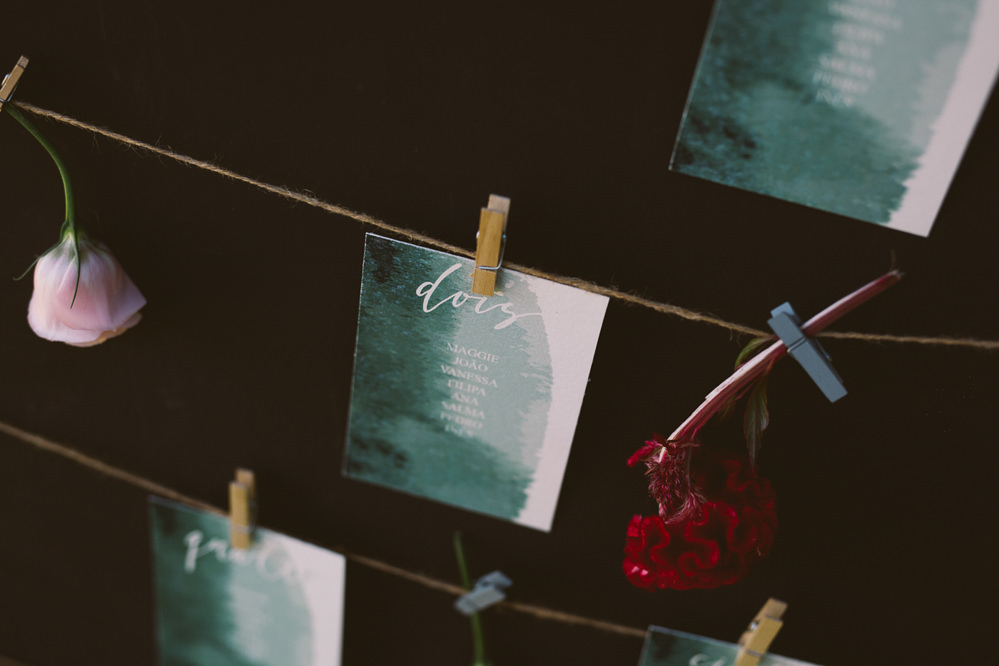 Table Plan Seating Chart Twine Pegs Watercolour Botanical Dark Green Velvet Pampas Grass Wedding Ideas Bárbara Araújo Photography