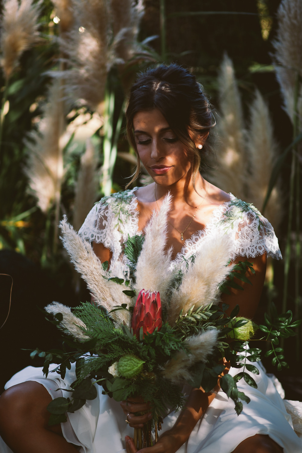 Bride Bridal Bouquet Flowers Protea Greenery Foliage Botanical Dark Green Velvet Pampas Grass Wedding Ideas Bárbara Araújo Photography