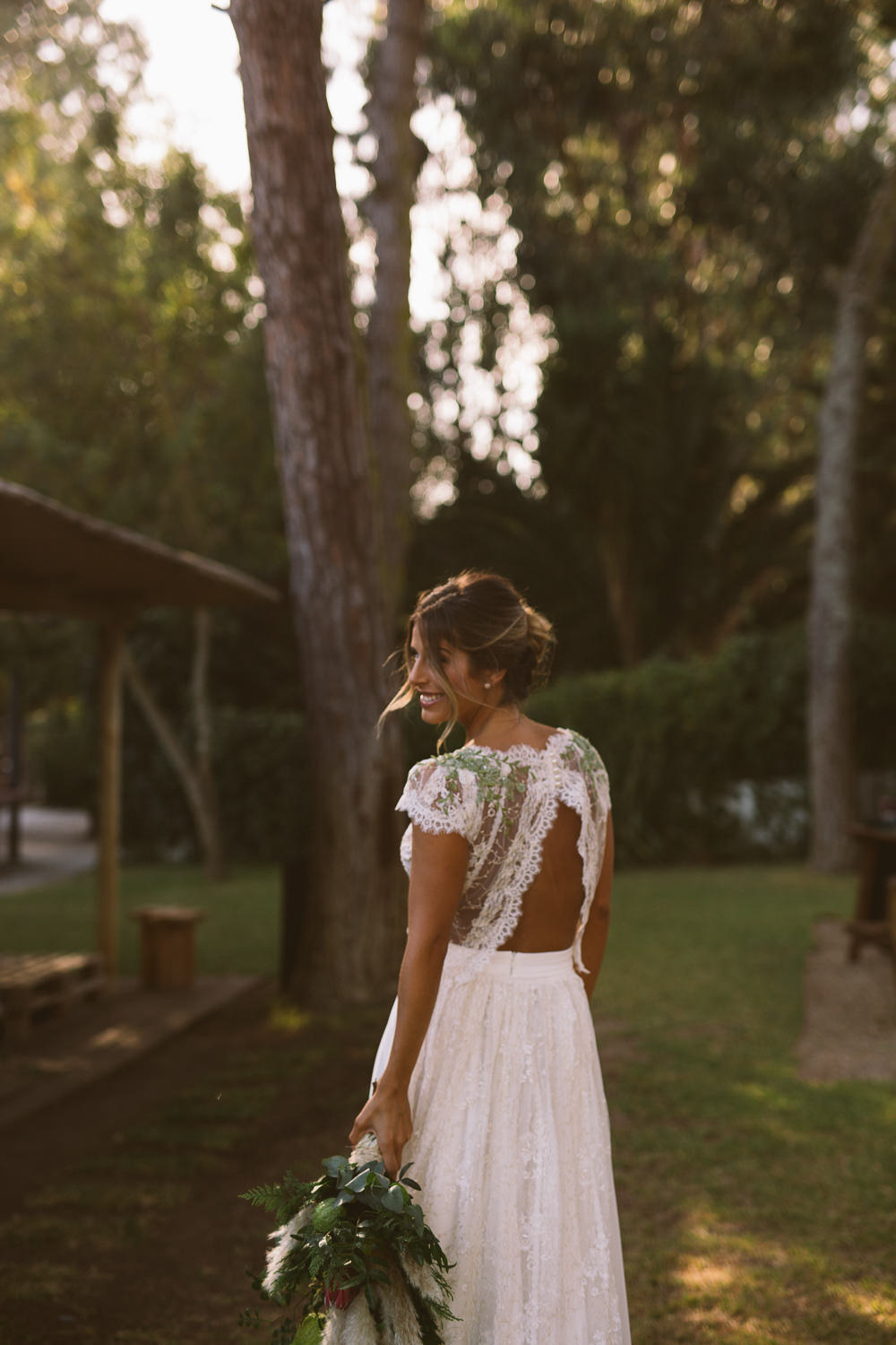 Dress Gown Bride Bridal Separates Skirt Top Open Back Lace Botanical Dark Green Velvet Pampas Grass Wedding Ideas Bárbara Araújo Photography