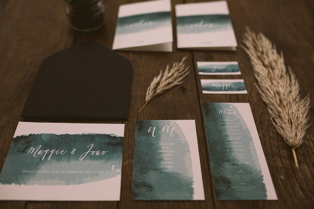 Watercolour Stationery Invitations Invites Suite Botanical Dark Green Velvet Pampas Grass Wedding Ideas Bárbara Araújo Photography