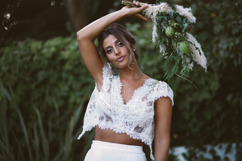 Dress Gown Bride Bridal Separates Skirt Top Open Back Lace Botanical Dark Green Velvet Pampas Grass Wedding Ideas Bárbara Araújo Photography