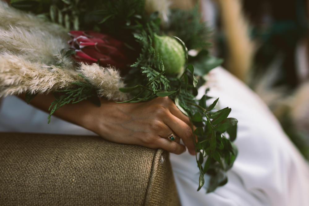 Bride Bridal Bouquet Flowers Protea Greenery Foliage Botanical Dark Green Velvet Pampas Grass Wedding Ideas Bárbara Araújo Photography