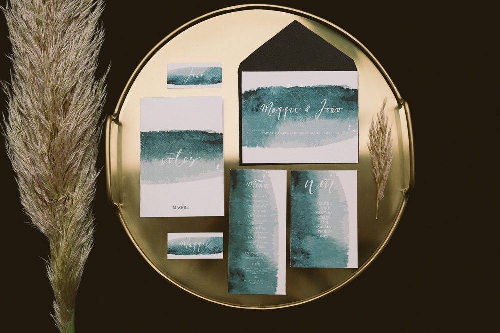 Watercolour Stationery Invitations Invites Suite Botanical Dark Green Velvet Pampas Grass Wedding Ideas Bárbara Araújo Photography