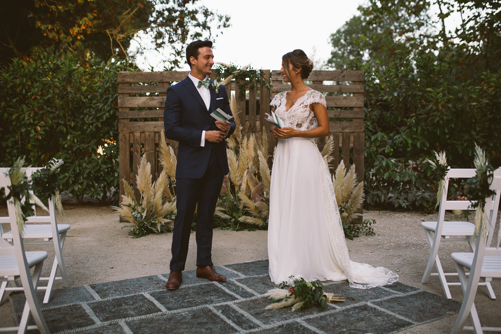 Ceremony Aisle Backdrop Wooden Pallet Crates Flowers Botanical Dark Green Velvet Pampas Grass Wedding Ideas Bárbara Araújo Photography