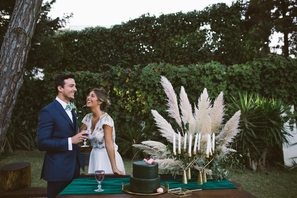 Botanical Dark Green Velvet Pampas Grass Wedding Ideas Bárbara Araújo Photography