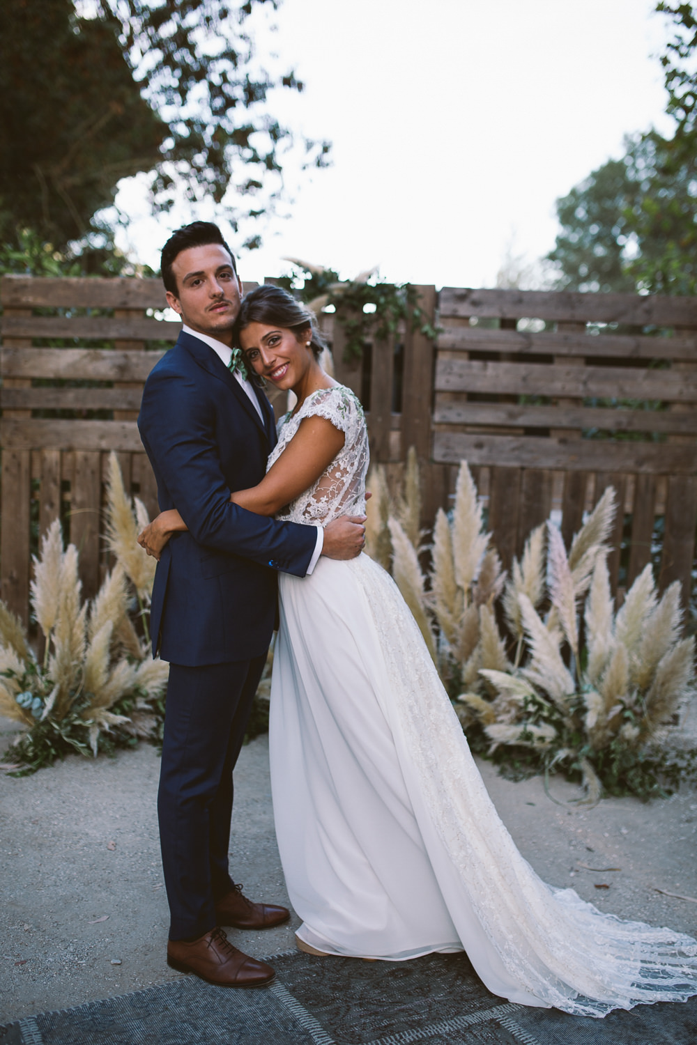 Ceremony Aisle Backdrop Wooden Pallet Crates Flowers Botanical Dark Green Velvet Pampas Grass Wedding Ideas Bárbara Araújo Photography