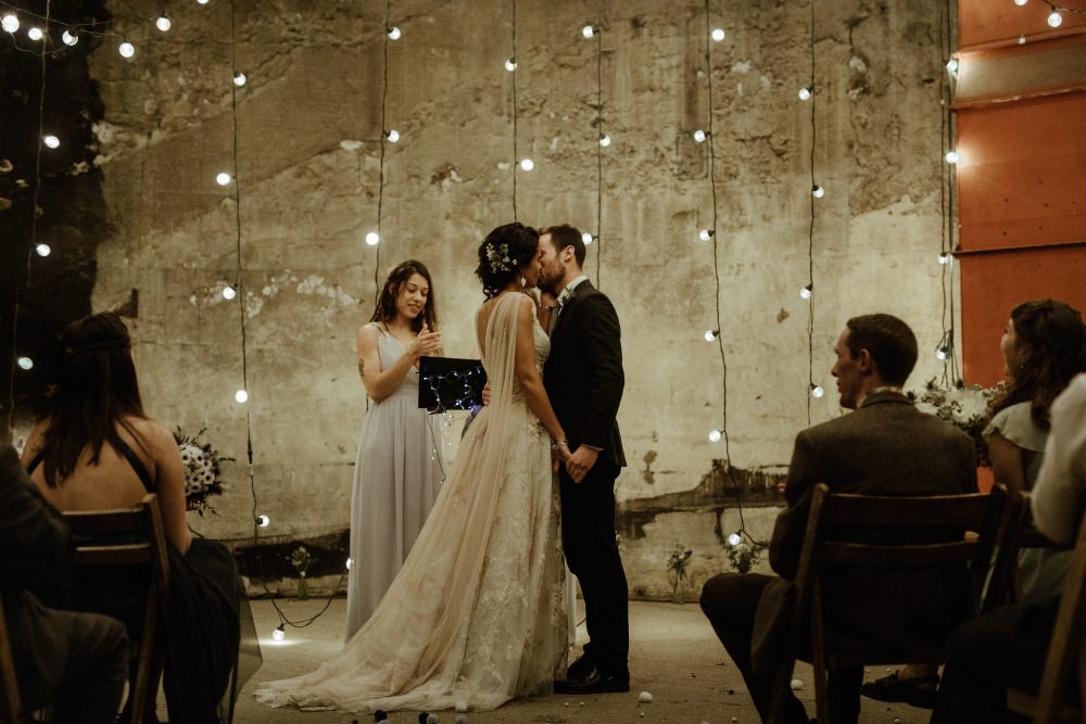 Festoon Lights Lighting Backdrop Ceremony Brunel Museum Wedding Olivia and Dan Photography