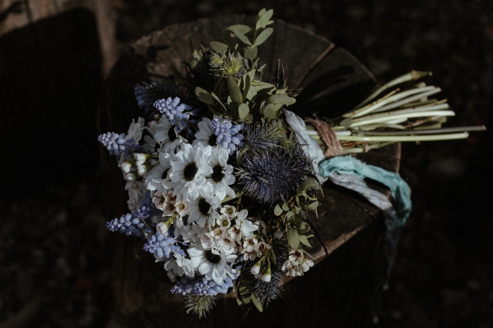 Bride Bridal Flowers Bouquet Blue Thistle Ribbon Hyacinth Brunel Museum Wedding Olivia and Dan Photography