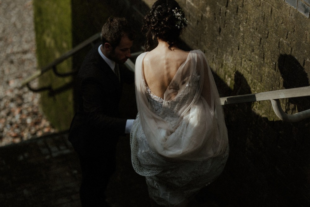Bride Bridal Dress Gown Illusion Lace Cape Veil Gemy Maalouf Brunel Museum Wedding Olivia and Dan Photography