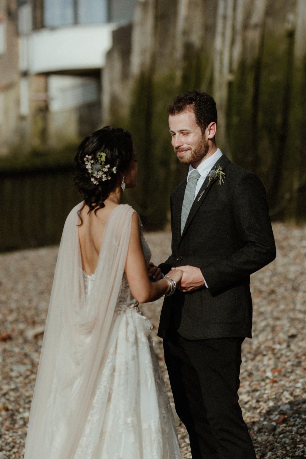 Bride Bridal Dress Gown Illusion Lace Cape Veil Gemy Maalouf Brunel Museum Wedding Olivia and Dan Photography
