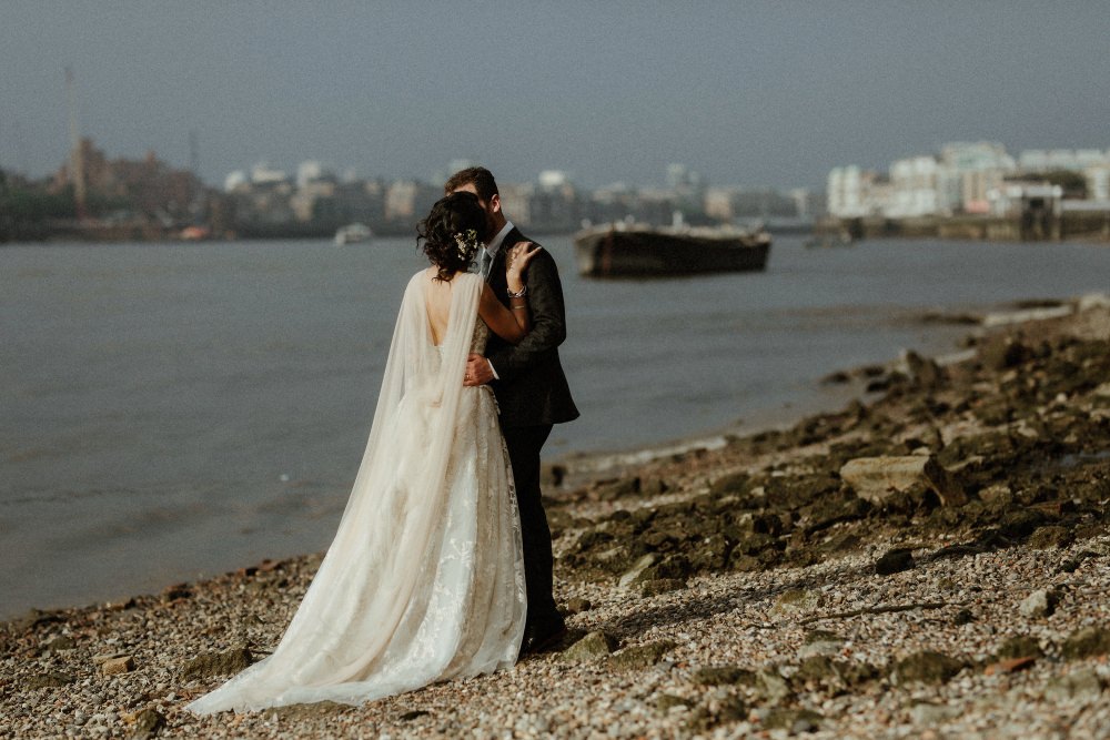 Bride Bridal Dress Gown Illusion Lace Cape Veil Gemy Maalouf Brunel Museum Wedding Olivia and Dan Photography