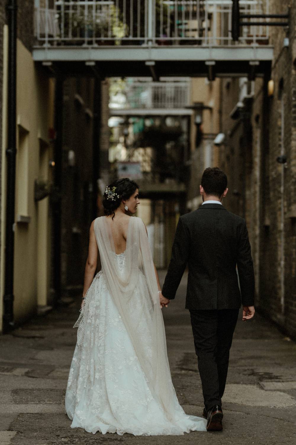 Bride Bridal Dress Gown Illusion Lace Cape Veil Gemy Maalouf Brunel Museum Wedding Olivia and Dan Photography