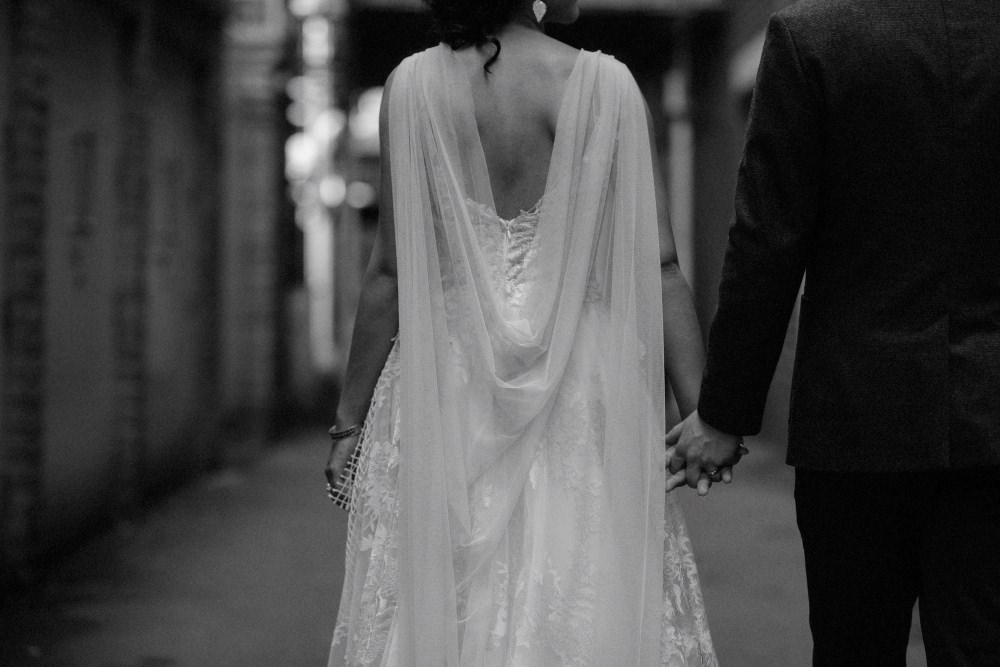 Bride Bridal Dress Gown Illusion Lace Cape Veil Gemy Maalouf Brunel Museum Wedding Olivia and Dan Photography