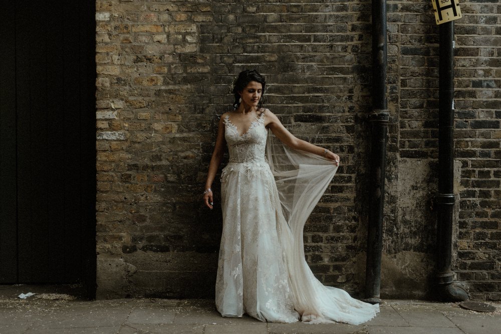 Bride Bridal Dress Gown Illusion Lace Cape Veil Gemy Maalouf Brunel Museum Wedding Olivia and Dan Photography