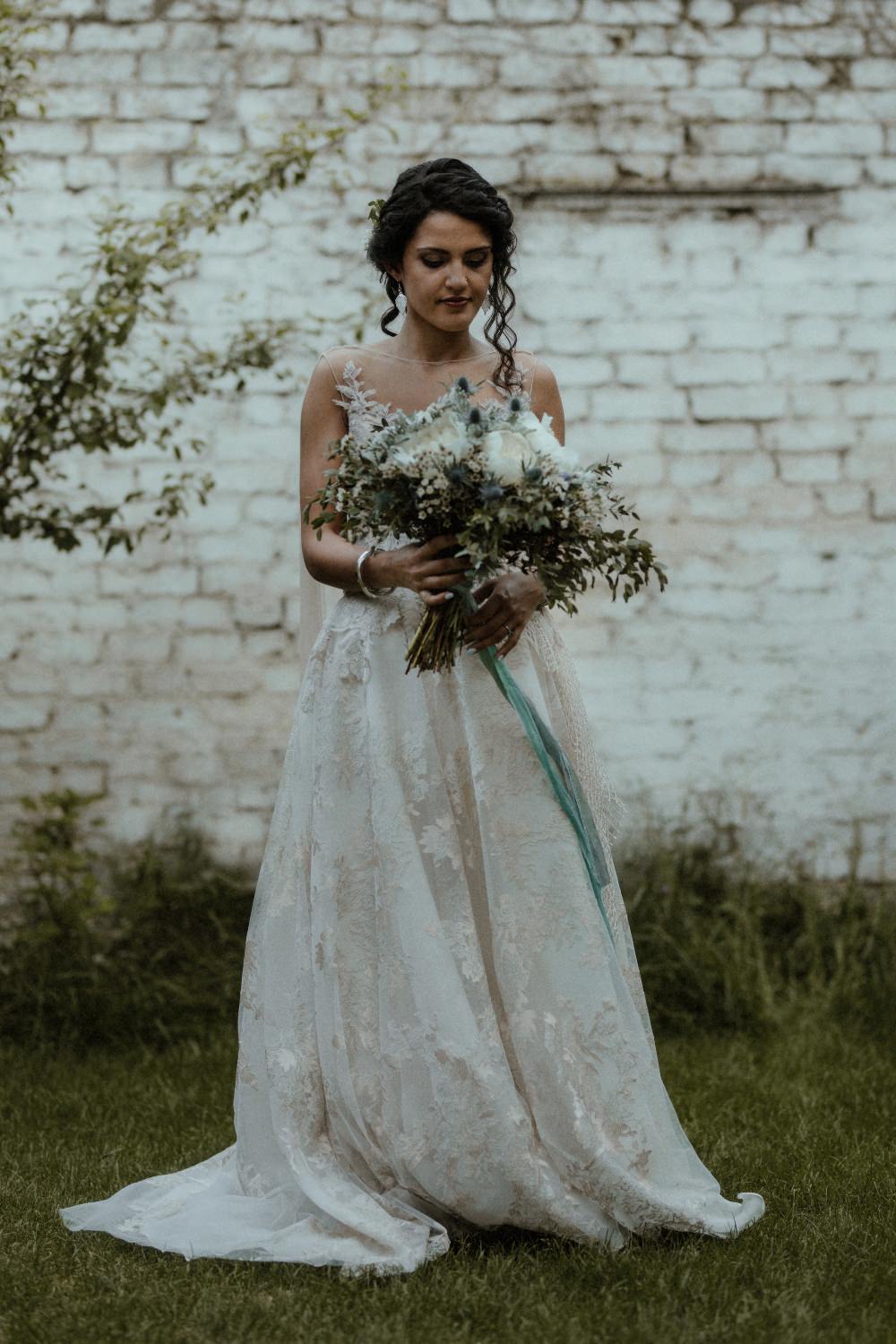 Bouquet Flowers Thistle Peony Ribbon Bride Bridal Dress Gown Illusion Lace Cape Veil Gemy Maalouf Brunel Museum Wedding Olivia and Dan Photography