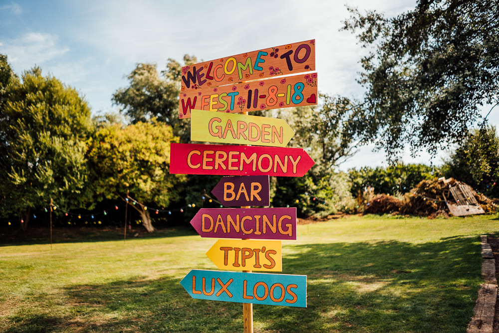 Hand Painted Sign Signpost Direction Multicolour Colourful Tipi Garden Wedding Fairclough Studios