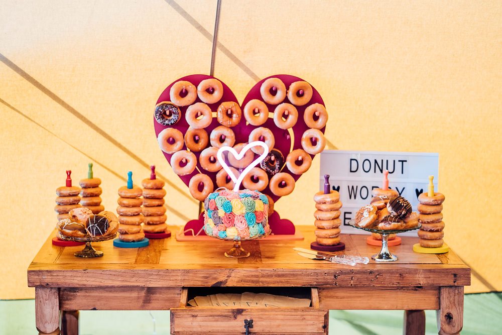 Donut Table Heart Stand Dessert Ring Colourful Tipi Garden Wedding Fairclough Studios