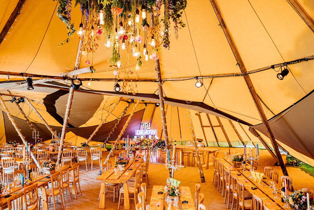 Floral Flower Edison Light Bulb Installation Hanging Colourful Tipi Garden Wedding Fairclough Studios