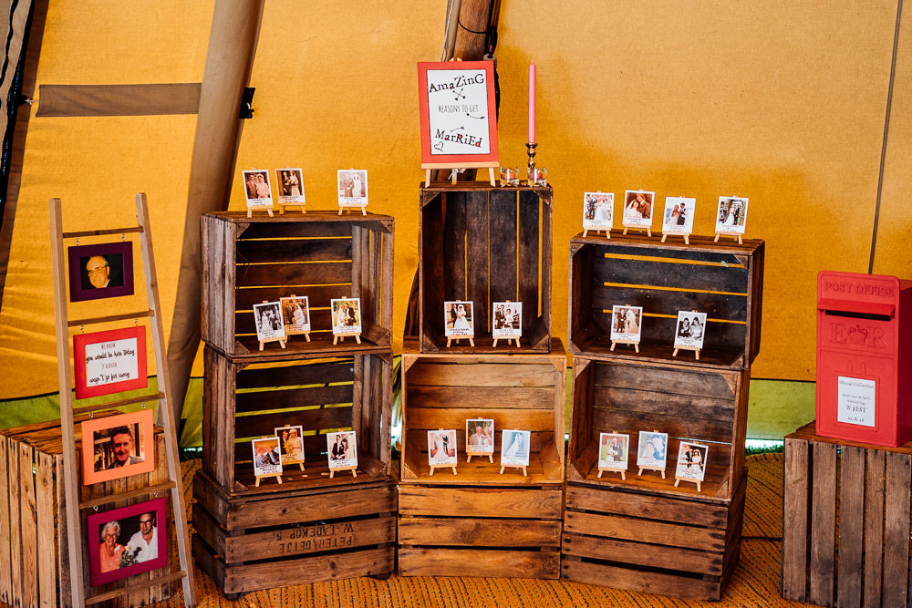 Wooden Crate Ladder Polaroids Photograph Colourful Tipi Garden Wedding Fairclough Studios