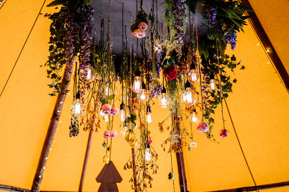 Flowers Floral Edison Light Bulb Hanging Installation Colourful Tipi Garden Wedding Fairclough Studios