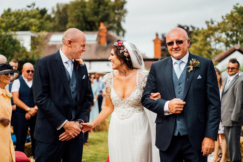 Bride Bridal Embellished Shoulder Beaded Dress Gown Veil Floral Flower Crown Blue Three Piece Suit Groom Colourful Tipi Garden Wedding Fairclough Studios