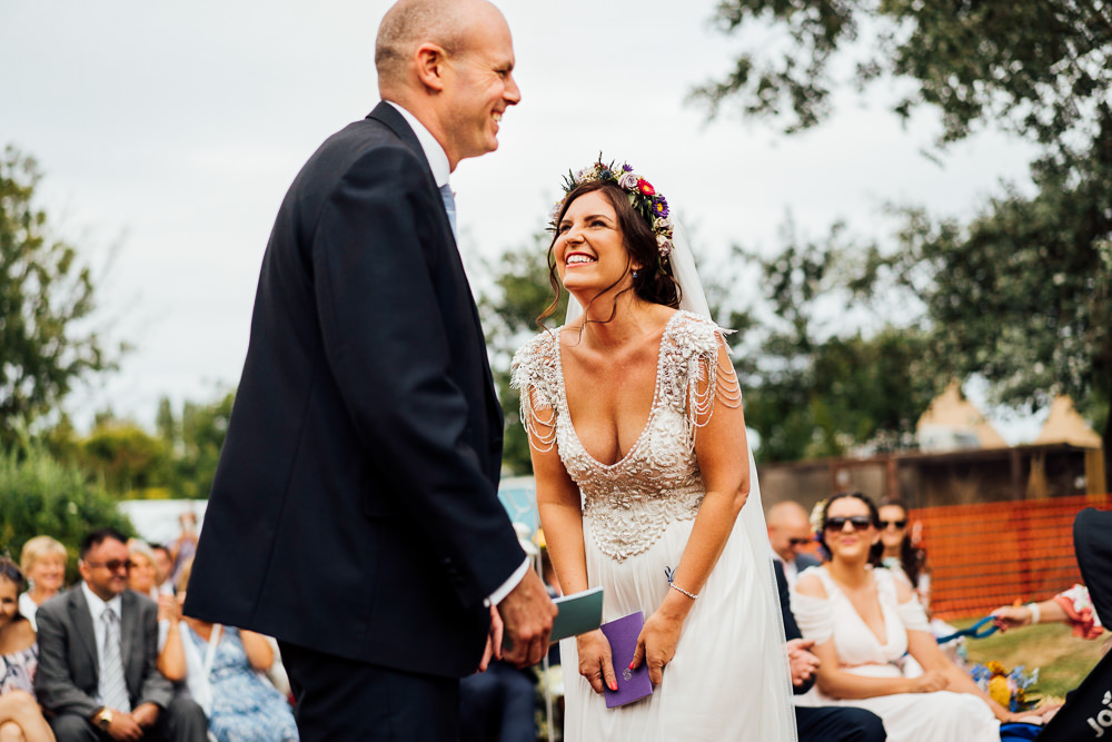 Bride Bridal Embellished Shoulder Beaded Dress Gown Veil Floral Flower Crown Blue Three Piece Suit Groom Colourful Tipi Garden Wedding Fairclough Studios