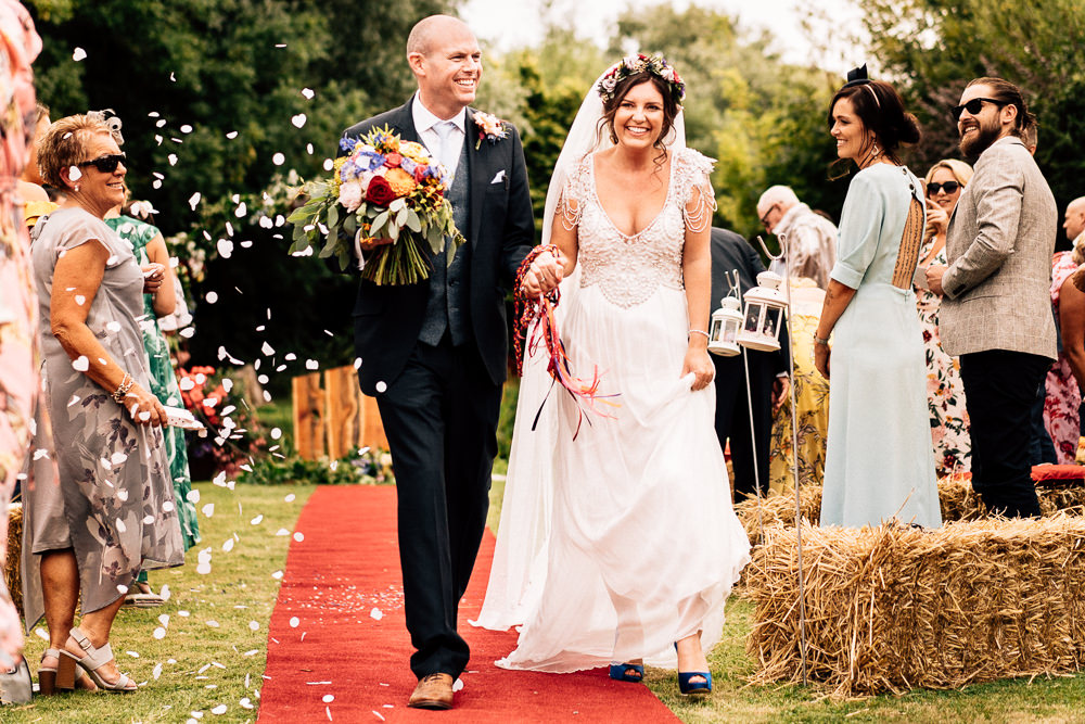 Bride Bridal Embellished Shoulder Beaded Dress Gown Veil Floral Flower Crown Blue Three Piece Suit Groom Confetti Colourful Tipi Garden Wedding Fairclough Studios