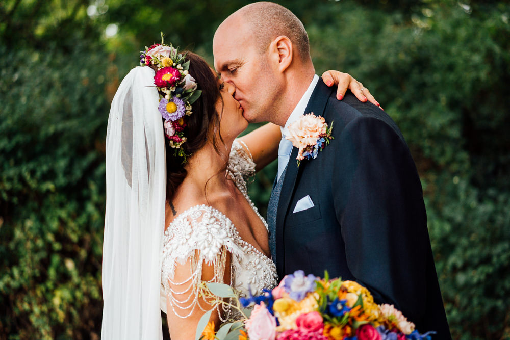 Bride Bridal Embellished Shoulder Beaded Dress Gown Veil Floral Flower Crown Blue Three Piece Suit Groom Bouquet Colourful Tipi Garden Wedding Fairclough Studios