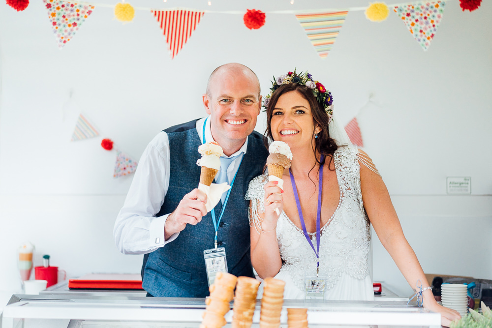 Bride Bridal Embellished Shoulder Beaded Dress Gown Veil Floral Flower Crown Blue Three Piece Suit Groom Ice Cream Colourful Tipi Garden Wedding Fairclough Studios