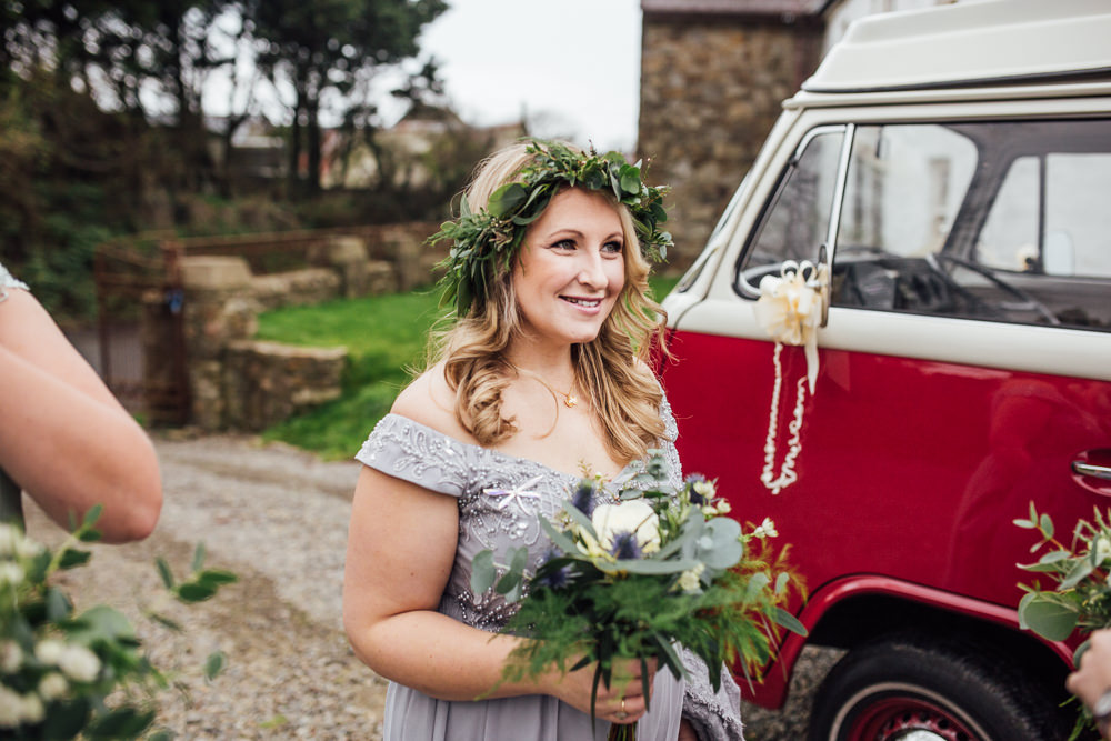 Bridesmaids Flower Crowns Greenery Foliage Bouquets Grey Green Dresses Druidstone Wedding Florence Fox Photography