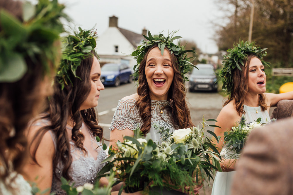Bridesmaids Flower Crowns Greenery Foliage Bouquets Grey Green Dresses Druidstone Wedding Florence Fox Photography