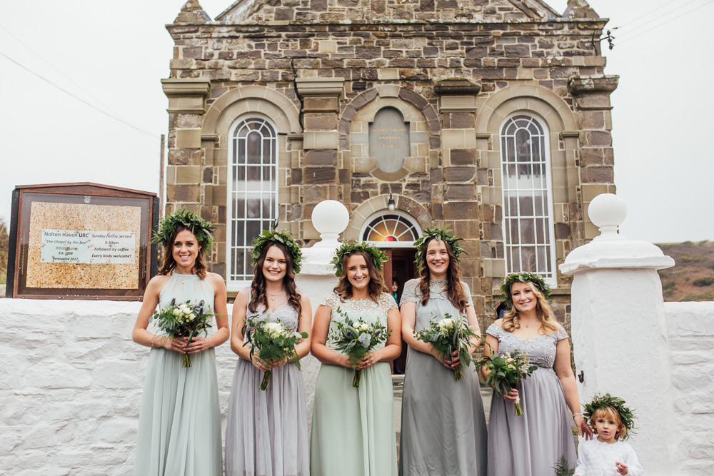 Bridesmaids Flower Crowns Greenery Foliage Bouquets Grey Green Dresses Druidstone Wedding Florence Fox Photography