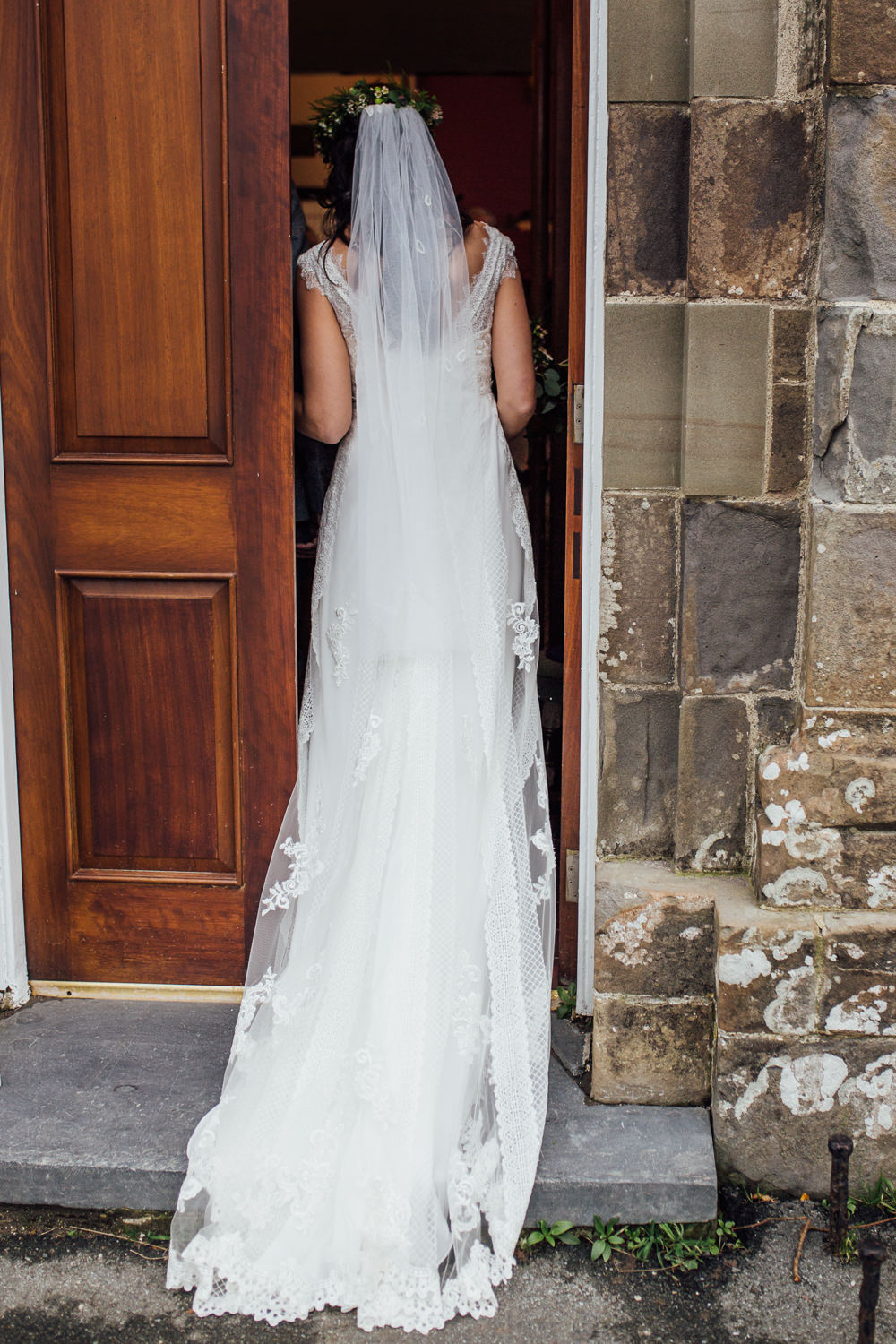 Flower Crown Bride Bridal Dress Gown Charlotte Balbier Lace Straps Veil Druidstone Wedding Florence Fox Photography